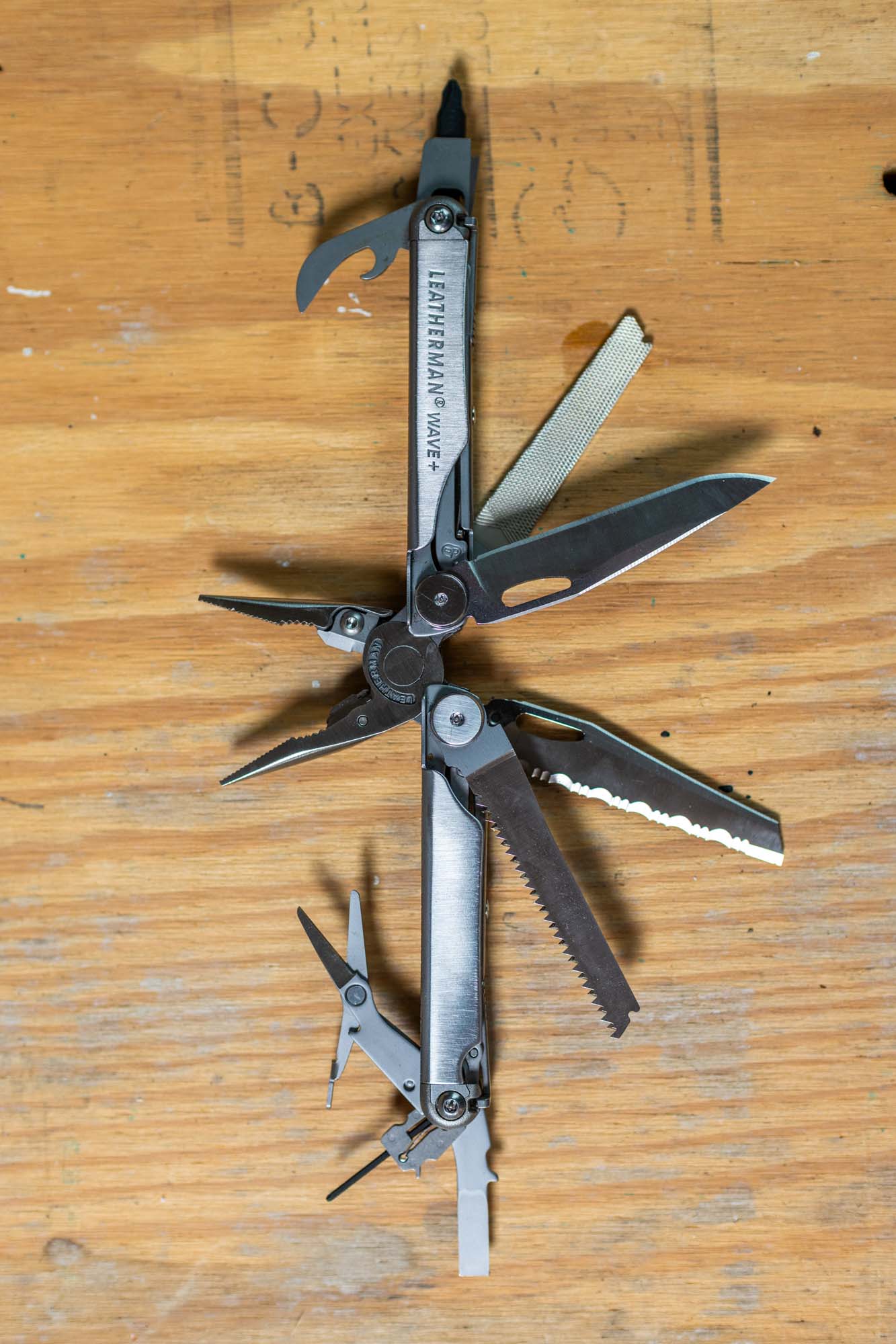 Leatherman Wave Plus, top-down, every tool fanned open