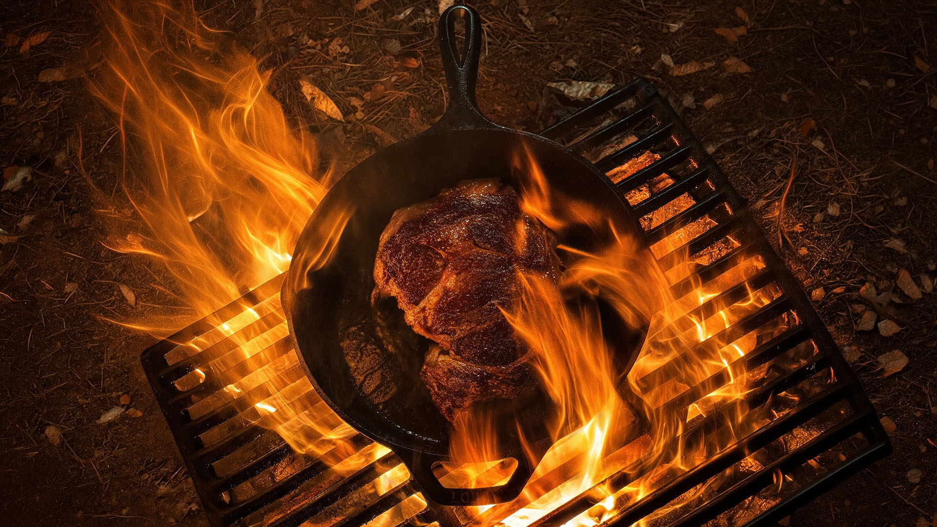 Cast iron skillet over campfire