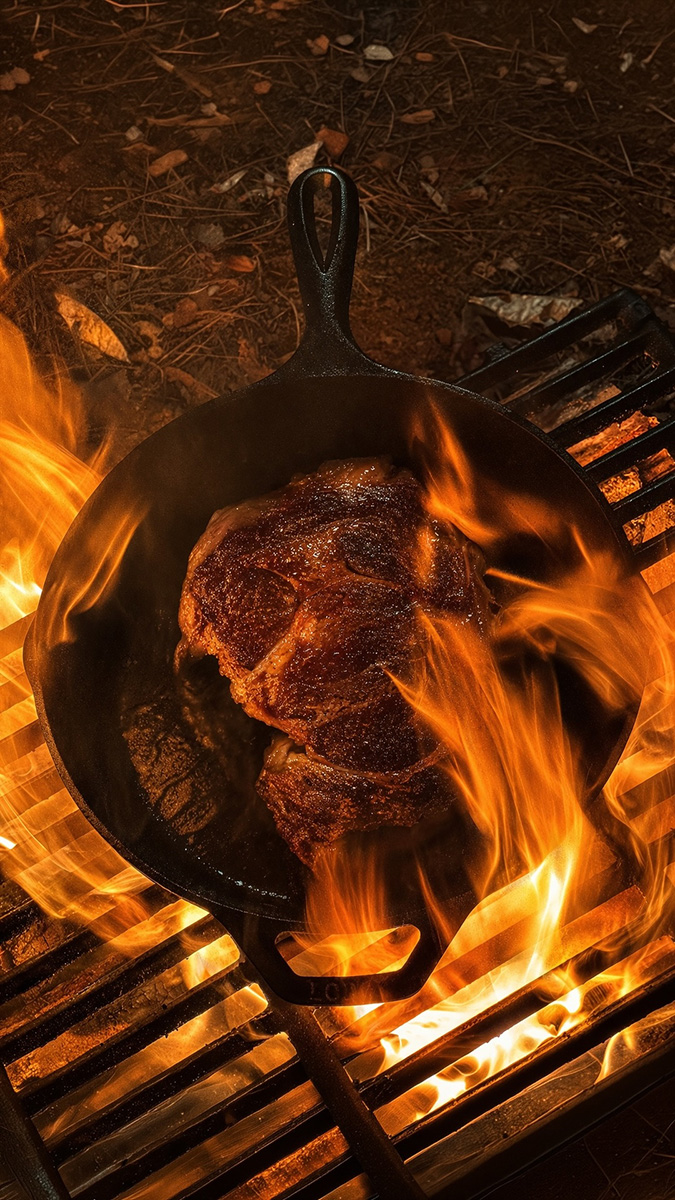 Lodge Cast Iron Skillet searing a steak over a campfire